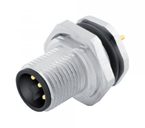 M12 Male panel mount connector, Contacts: 4, unshielded, THT, IP68, UL, VDE, M16x1.5, front fastened