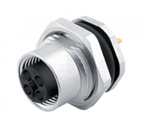 M12 Female panel mount connector, Contacts: 4, unshielded, THT, IP68, UL, VDE, M16x1.5, front fastened