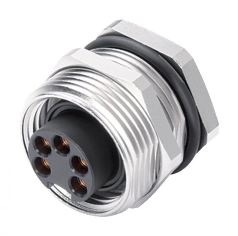 7/8" Female panel mount connector, Contacts: 2+PE, unshielded, THT, IP68, UL, VDE, front fastened