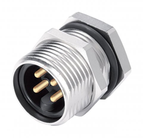 7/8" Male panel mount connector, Contacts: 2+PE, unshielded, THT, IP68, UL, VDE, front fastened