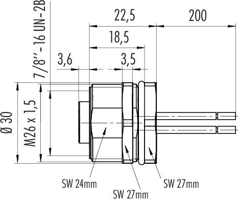 7/8" Female panel mount connector, Contacts: 4+PE, unshielded, single wires, IP68, UL, VDE, front fastened