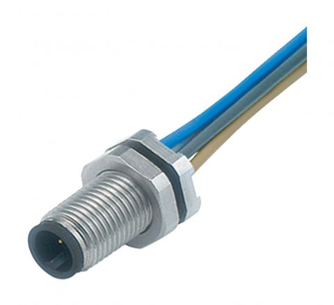 M5 Male panel mount connector, Contacts: 3, unshielded, single wires, IP67, front fastened