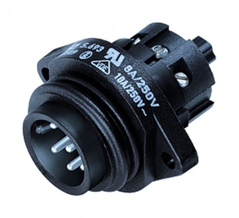 RD24 Male panel mount connector, Contacts: 6+PE, unshielded, screw clamp, IP67, UL, ESTI+, VDE