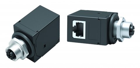 M12 Lead-through for control cabinet, female connector – RJ45 angled, Contacts: 8, shielded, pluggable, IP67, UL