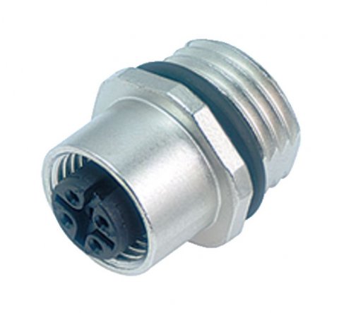 M12 Female panel mount connector, Contacts: 4, unshielded, solder, IP68, UL, PG 9