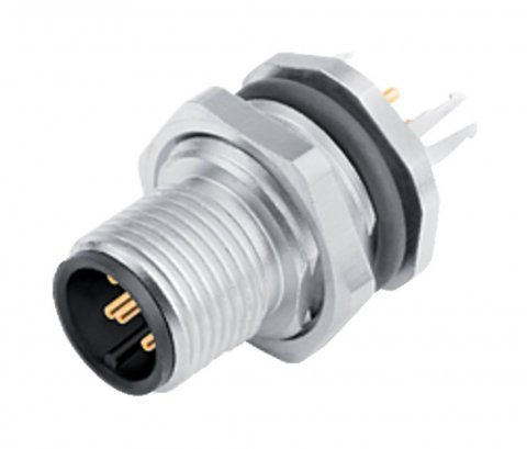 M12 Male panel mount connector, Contacts: 4, shieldable, THT, IP68, UL, PG 9, front fastened