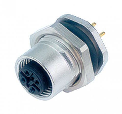 M12 Female panel mount connector, Contacts: 4, unshielded, THT, IP68, UL, PG 9, front fastened