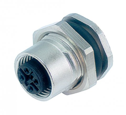 M12 Female panel mount connector, Contacts: 4, unshielded, solder, IP68, UL, PG 9, front fastened