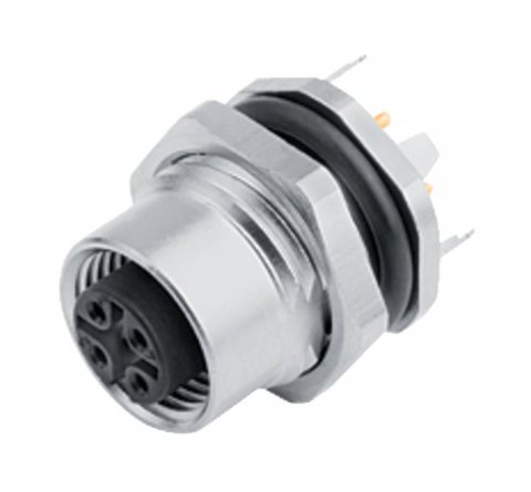 M12 Female panel mount connector, Contacts: 4, shieldable, THT, IP68, UL, PG 9, front fastened