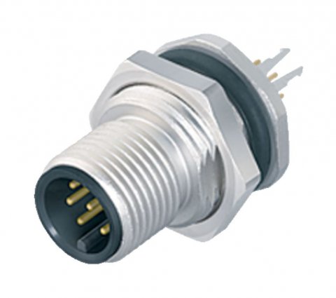 M12 Male panel mount connector, Contacts: 5, shieldable, THT, IP68, UL, PG 9, front fastened