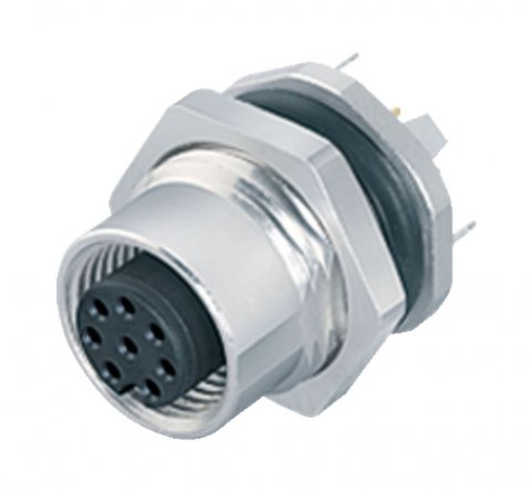 M12 Female panel mount connector, Contacts: 5, shieldable, THT, IP68, UL, PG 9, front fastened