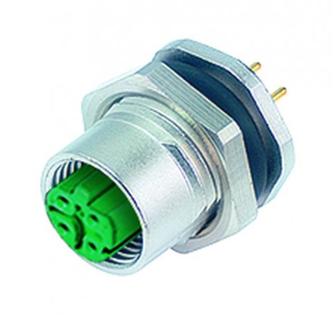 M12 Female panel mount connector, Contacts: 4, unshielded, THT, IP67, UL, PG 9, front fastened