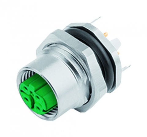 M12 Female panel mount connector, Contacts: 4, shieldable, THT, IP67, UL, PG 9, front fastened