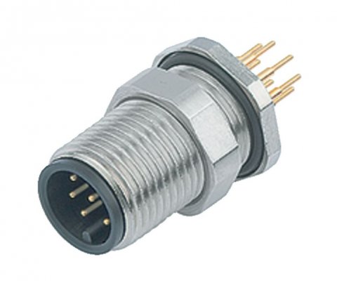 M12 Male panel mount connector, Contacts: 4, unshielded, THT, IP68, UL, M12x1.0, front fastened