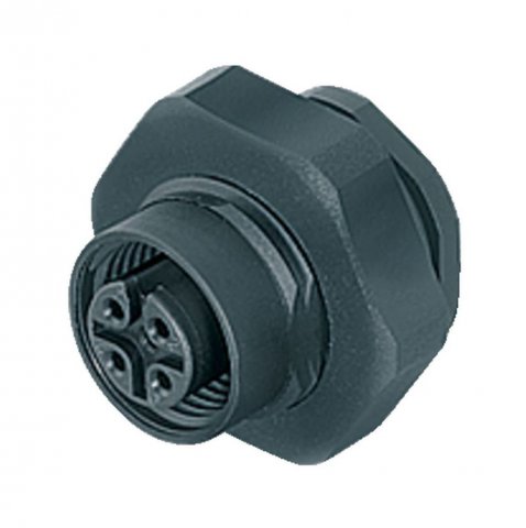 M12 Female panel mount connector, Contacts: 4, unshielded, solder, IP67, UL, PG 9, front fastened