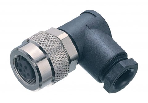 M9 Female angled connector, Contacts: 2, 3.5-5.0 mm, unshielded, solder, IP67