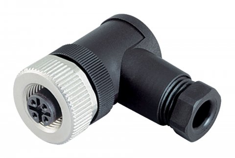 M12 Female angled connector, Contacts: 4, 4.0-6.0 mm, unshielded, screw clamp, IP67, UL