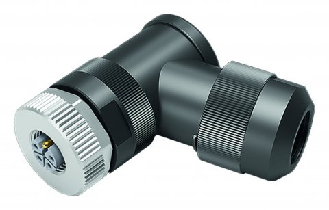 M12 Female angled connector, Contacts: 4+FE, 8.0-13.0 mm, unshielded, screw clamp, IP67, M12x1.0, for the power supply, UL 2237 in preparation, with PE connection