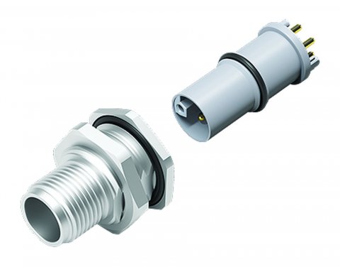 M12 Male panel mount connector, Contacts: 4+FE, unshielded, THR, IP67, M16x1.5, front fastened