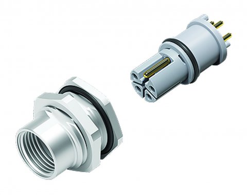 M12 Female panel mount connector, Contacts: 4+FE, unshielded, THR, IP67, UL, M16x1.5, front fastened