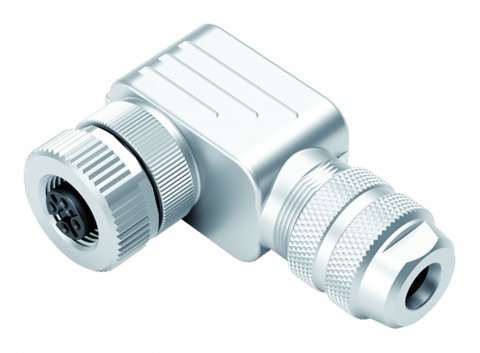 M12 Female angled connector, Contacts: 4, 6.0-8.0 mm, shieldable, wire clamp, IP67