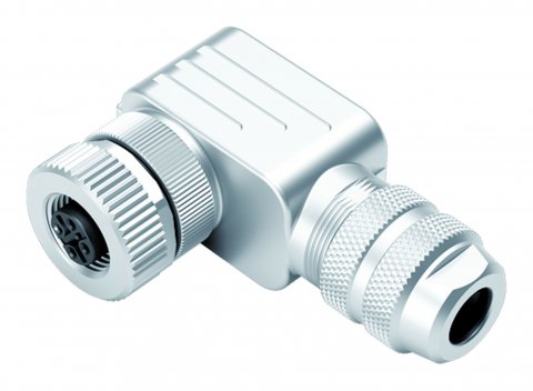 M12 Female angled connector, Contacts: 5, 6.0-8.0 mm, shieldable, wire clamp, IP67