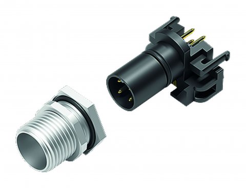 M12 Male panel mount connector, Contacts: 4, unshielded, THR, IP68, UL, for PCB assembly, two-part design