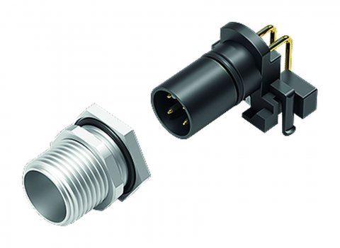 M12 Male angled panel mount connector, Contacts: 4, unshielded, THR, IP68, UL, for PCB assembly, two-part design