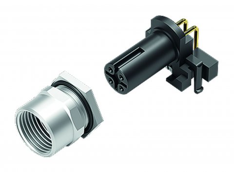 M12 Male angled panel mount connector, Contacts: 4, unshielded, THR, IP68, UL, for PCB assembly, two-part design