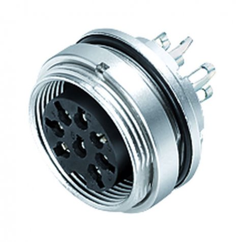 M16 Female panel mount connector, Contacts: 8 (08-a), unshielded, solder, IP68, UL, AISG compliant, front fastened