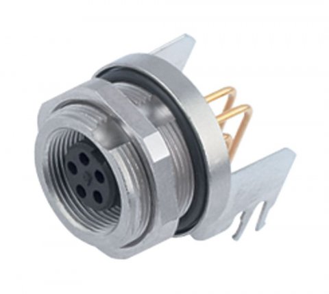 M9 Female angled panel mount connector, Contacts: 2, shieldable, THT, IP67, front fastened