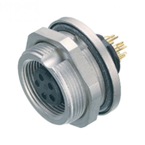 M9 Female panel mount connector, Contacts: 2, unshielded, solder, IP67, front fastened