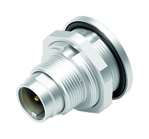 M9 Male panel mount connector, Contacts: 4, unshielded, solder, IP67, front fastened