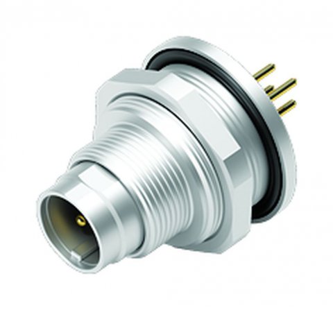 M9 Male panel mount connector, Contacts: 4, unshielded, THT, IP67, front fastened